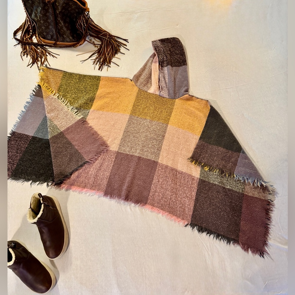 Trendy Boutique Colorful Plaid Hooded Poncho